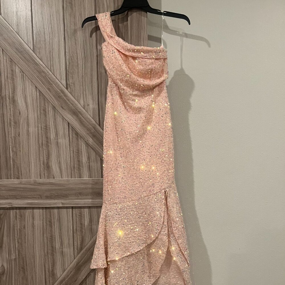 Miss Ord Blush Pink Sequin Asymmetrical Ruffle Dress